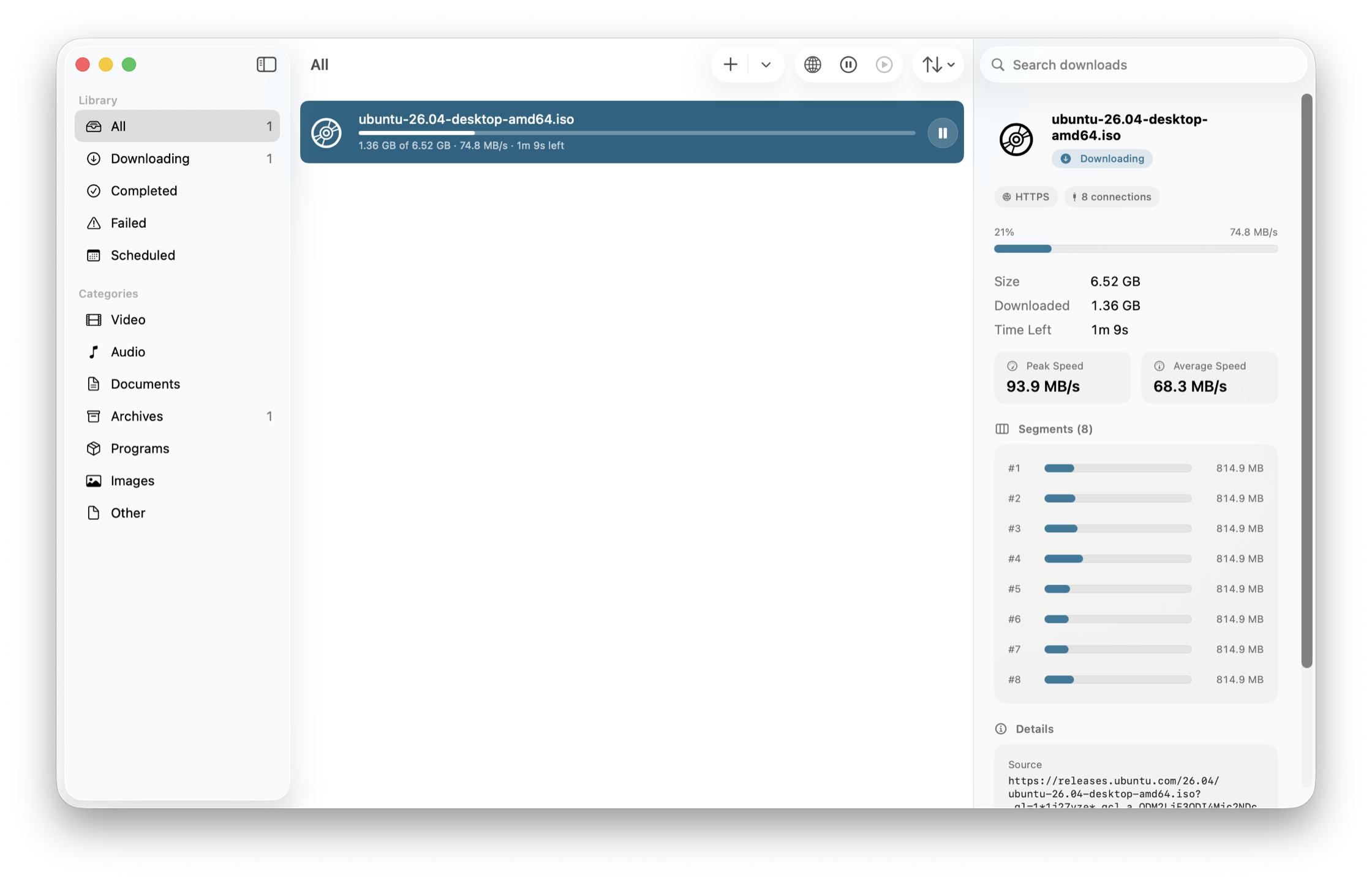 The CloakDrop app window downloading an Ubuntu 26.04 ISO across 8 parallel segments, with live speed, ETA, and a per-segment progress inspector.